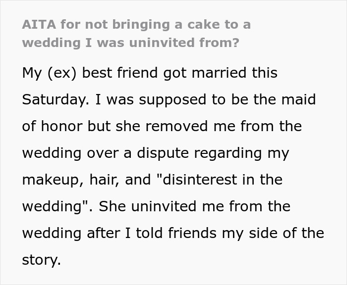 Text post about an ex-best friend being uninvited from a wedding over a dispute, mentioning a canceled cake order.