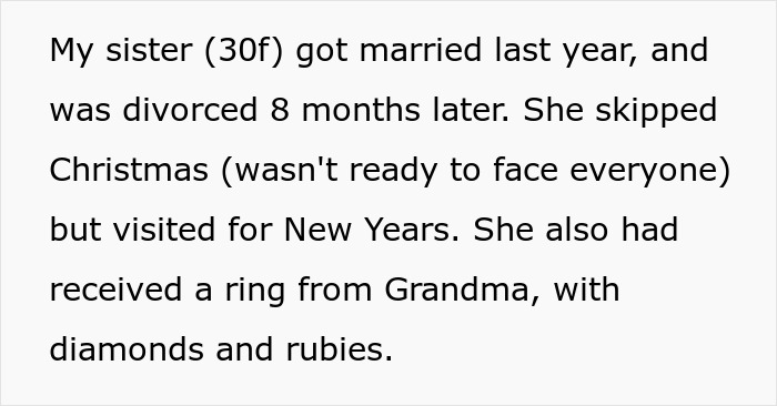 Text about sisters, marriage, and a grandmother's heirloom ring with diamonds and rubies.