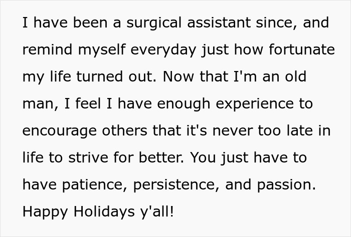 Text reads about becoming a surgical assistant, reflecting on life changes, and encouraging persistence and passion.