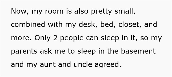 Text discussing a small room, parents suggesting a teen sleep in a cold basement so guests are comfortable.