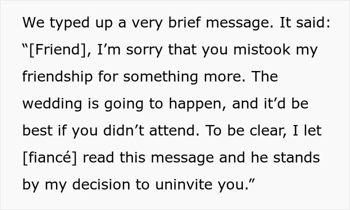 Text message about wedding invitation retraction due to a misinterpreted friendship.