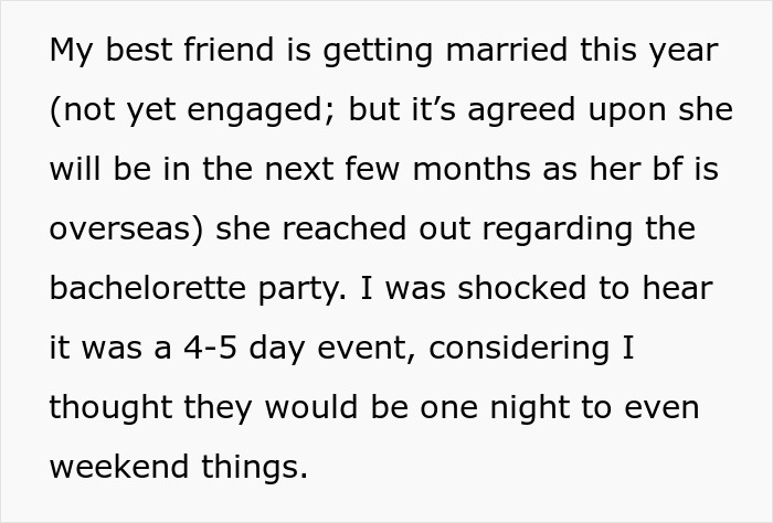 Text about a bachelorette mini vacation drama, discussing a surprising 4-5 day event plan for a bachelorette party.