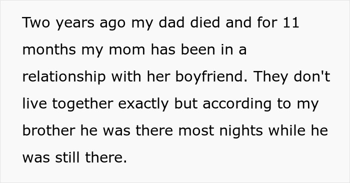 Text about a mother in a new relationship after her husband's death, discussing living arrangements.