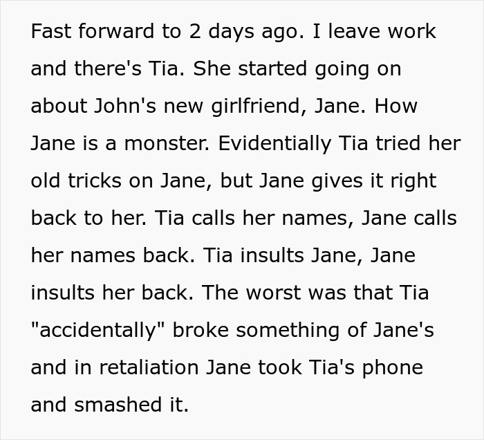 Text describing conflict between teen Tia and new girlfriend Jane, involving insults and broken belongings.