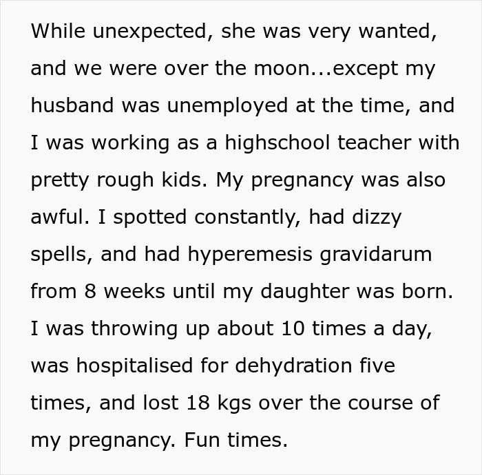 Text about pregnancy challenges faced by a high school teacher, including hyperemesis gravidarum.