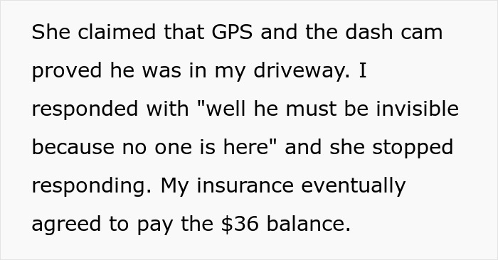 Text about a towing company dispute over $36, involving GPS proof and insurance payment.