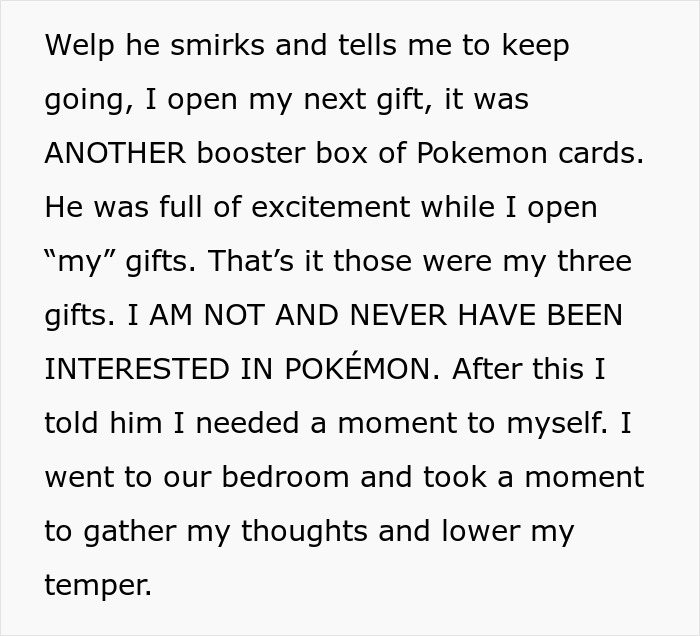 Text about opening Christmas gifts, including Pokemon cards from a boyfriend.