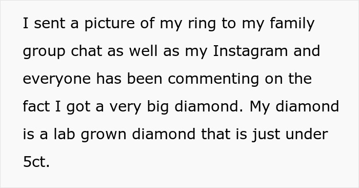 Text about a big lab-grown diamond ring shared on social media.