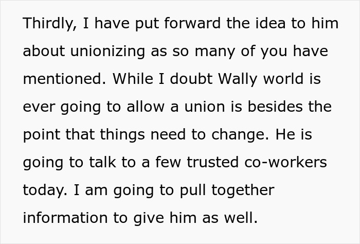 Text discussing unionizing and workplace changes at Wally World store.