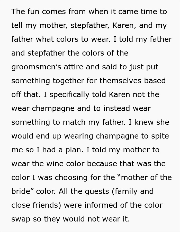 Text describing stepmom wearing champagne color to upstage bride at wedding.