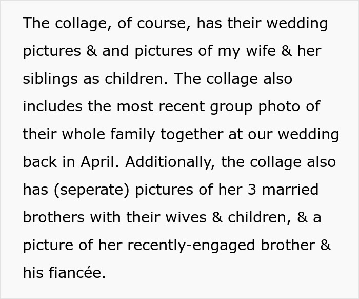 Collage description highlighting husband's absence from in-laws' anniversary photos, featuring family wedding and childhood moments.