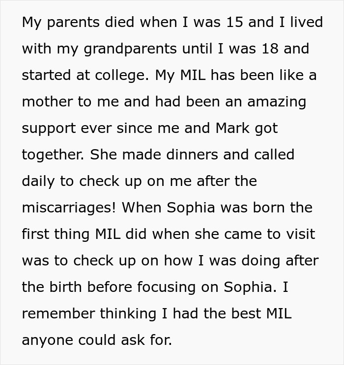 Text recounting a woman's gratitude for supportive MIL caring after miscarriages and childbirth.