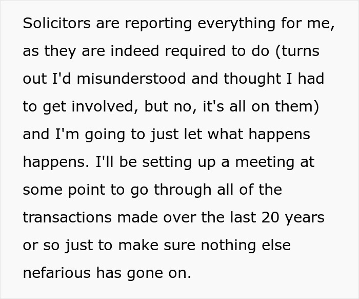 Text discussing solicitors managing reports related to trust fund transactions and investigating potential issues.