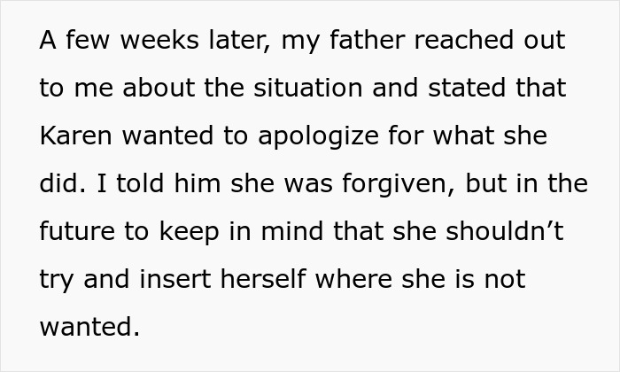 Text screenshot about a stepmom apologizing through a father for attempting to upstage the bride at a wedding.