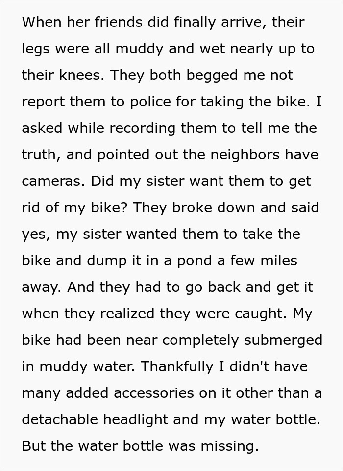 Text about a spoiled brat stealing and dumping a brother's bike in muddy water with missing accessories.