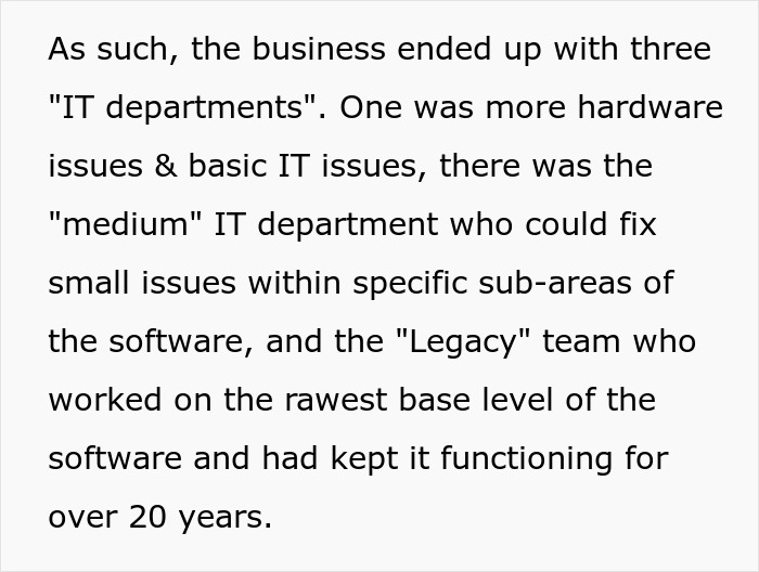 Text summary discussing IT departments: hardware, medium, and legacy teams managing software functions.