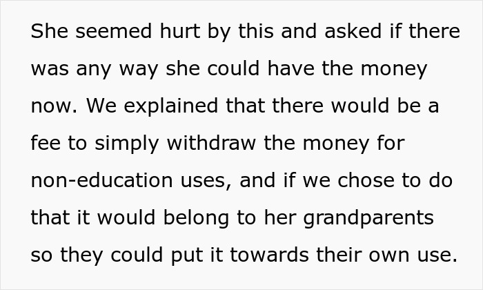 Text discussing college fund issues for daughter, limitations on withdrawing money for non-education purposes.