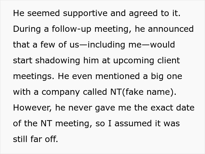 Text discussing a boss who seemed supportive but withheld key meeting dates, leaving an employee unprepared.