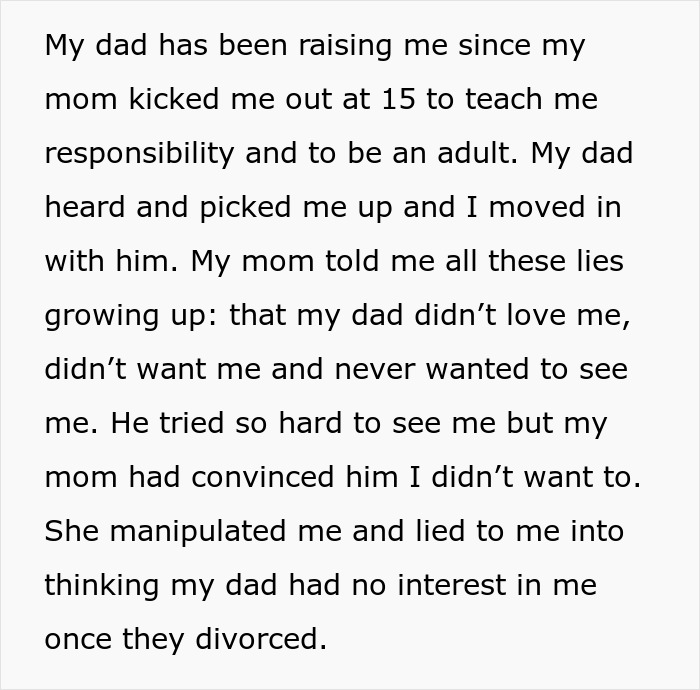 Text about a mom manipulating her child by saying the father didn't want them after the parents' divorce.