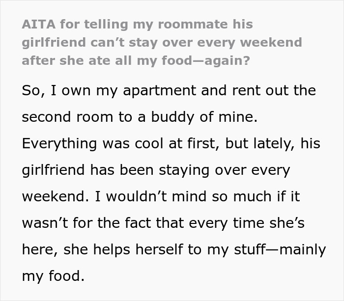 Text conversation about roommate's girlfriend eating all the food, causing tension.