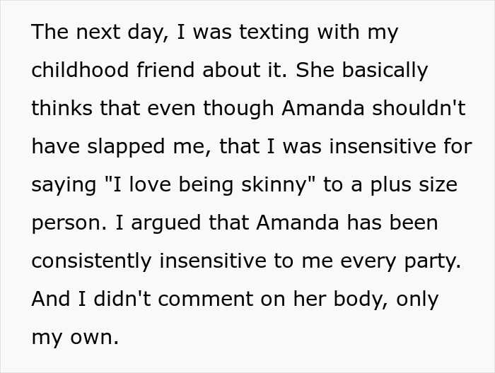 Text conversation discussing insensitivity about being skinny in a plus-size context.