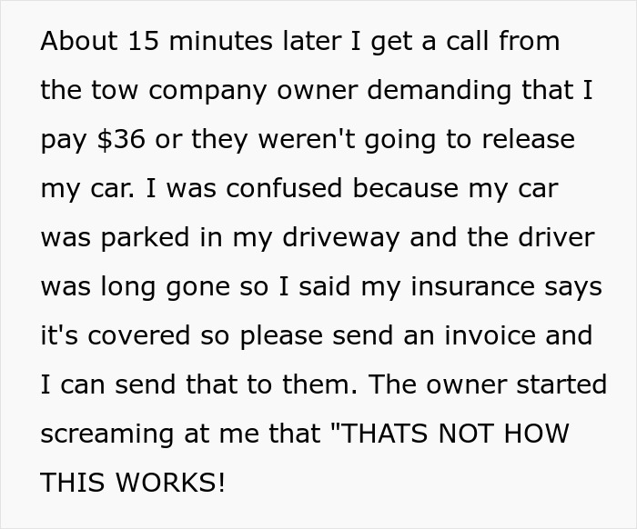 Text message about towing company demanding $36, involving a parked car and disputed charge.