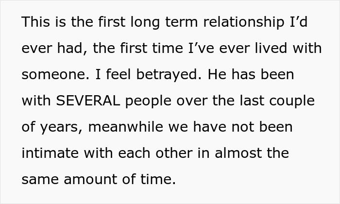 Text reveals betrayal in a long-term relationship due to infidelity.