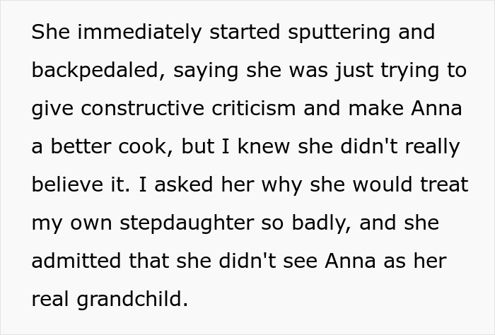 Text discussing grandma's refusal to accept step-granddaughter, criticizing her cooking yet denying genuine beliefs.