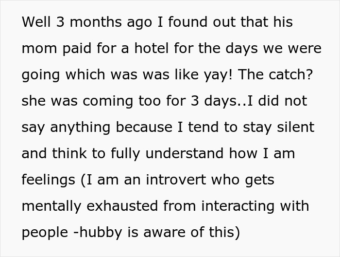 Text discussing MIL paying for hotel and joining son and DIL's vacation, causing introverted DIL discomfort.