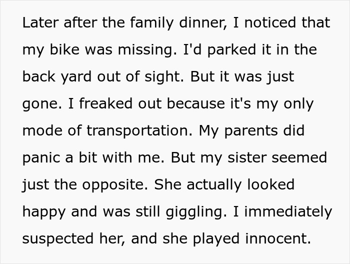 Text mentions missing bike, brother suspects sister after dinner disagreement; she's amused and feigns innocence.