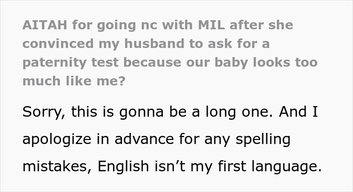 Text discussing MIL suggesting paternity test as baby resembles wife.