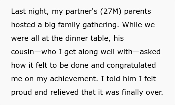 Text about family gathering with a discussion on achievements and personal feelings at the dinner table.