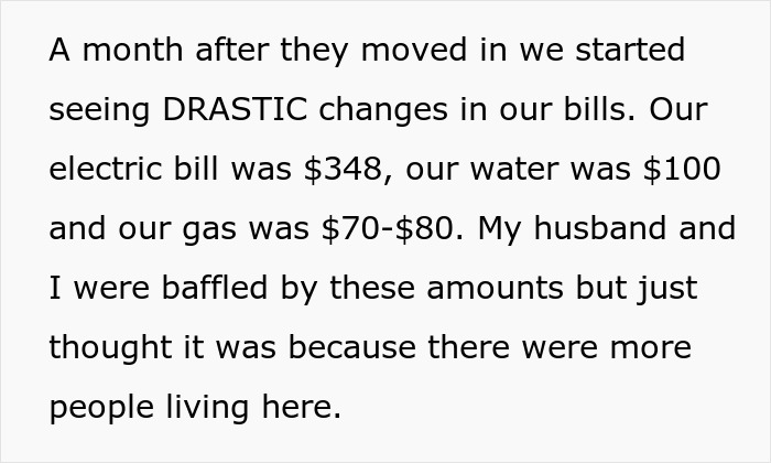 Text describing increased bills after husband's family moved in, with details on electricity, water, and gas costs.