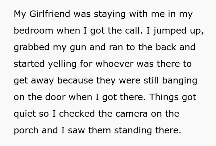 Text describing a man defending his decision to confront intruders with a gun, detailing his protective actions.