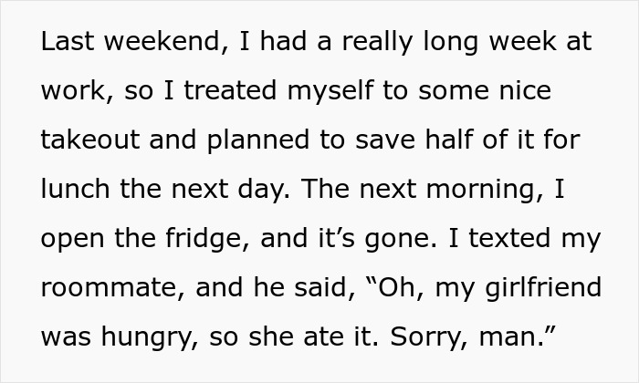 Text exchange about a woman eating her boyfriend's roommate's food from the fridge without permission.