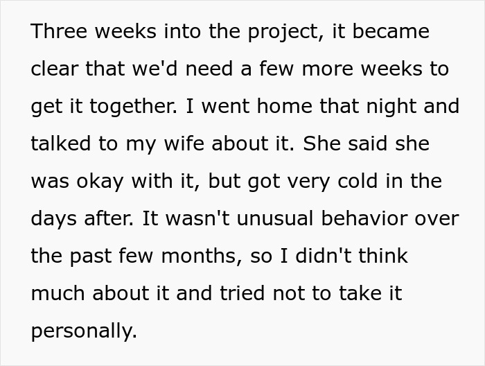 Text discussing a project delay and unusual behavior from a spouse related to infidelity accusations and PPD.