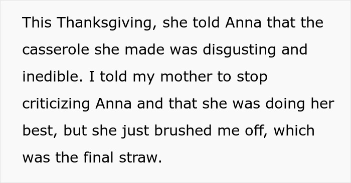 Text excerpt discussing a grandma criticizing a step-granddaughter's Thanksgiving casserole.