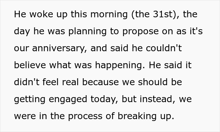 Text describing a missed ring proposal and engagement on an anniversary, leading to a breakup.