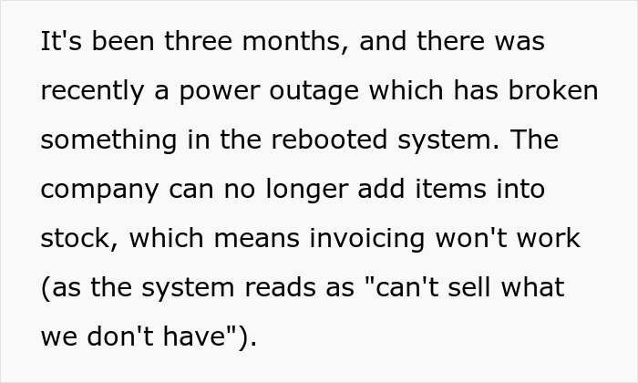 Text discussing chaos after software team removal, listing issues from power outage, including invoice failures and stock problems.