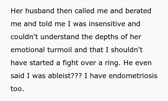 Text exchange discussing emotional turmoil related to a ring, mentioning insensitivity and endometriosis.