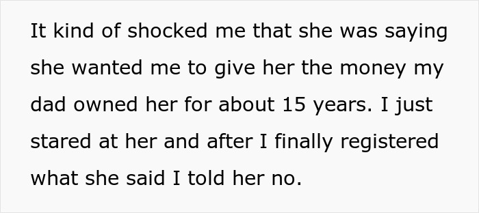 Text from a story about a toxic mom demanding her kid's inheritance for raising them.