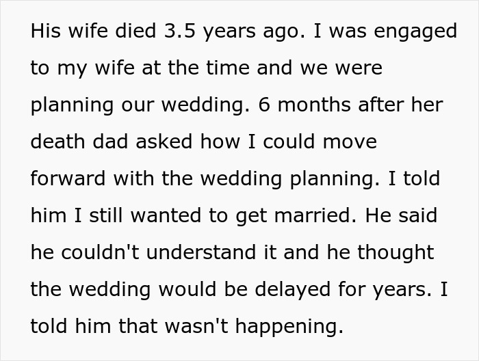 Text discusses grief of a dad questioning wedding plans after child's mother's death.