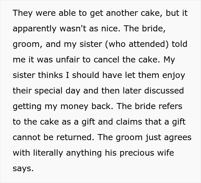 Text about a wedding cake cancellation incident involving a bride and her ex-best friend's actions.