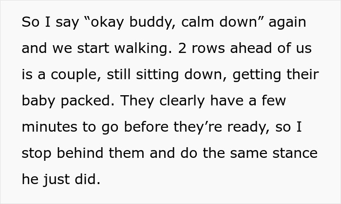 Text excerpt describes a traveler complying with stubborn passenger’s demand to deplane row by row, featuring a waiting couple.