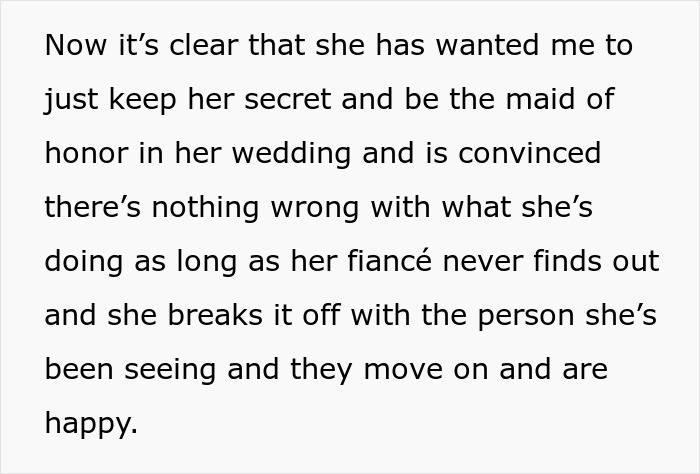 Text about a friend's request to conceal an affair and participate in a wedding, despite ethical concerns.