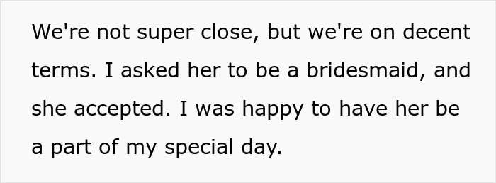 Text about asking a friend to be a bridesmaid and expressing happiness for her involvement in the wedding.