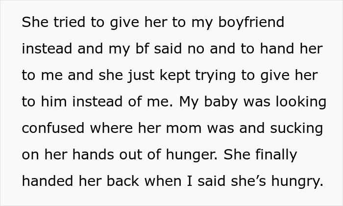 Text describing a mother-in-law trying to hand a baby to a boyfriend, while the baby is visibly confused and hungry.