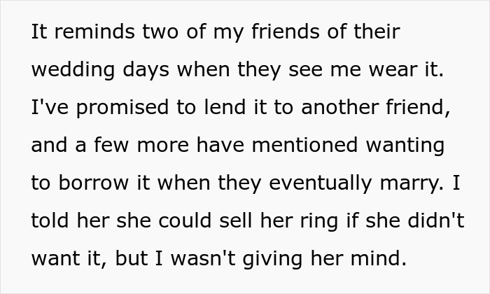 Text about a woman discussing her friends’ interest in borrowing a family heirloom ring.