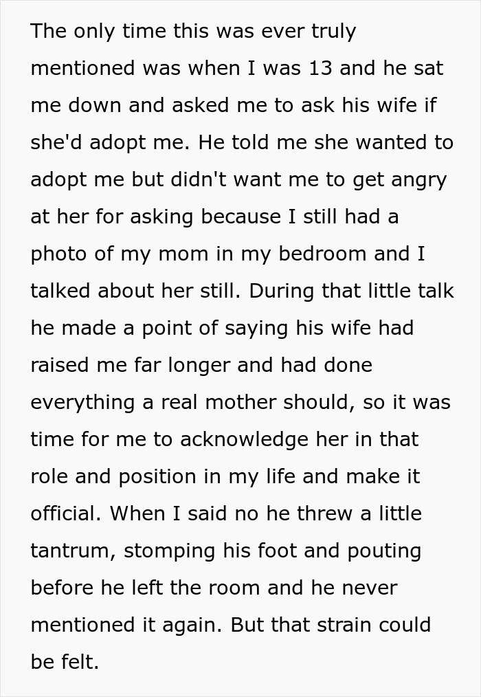 Text about a dad discussing adoption with his child, expressing feelings of grief and emotional strain.