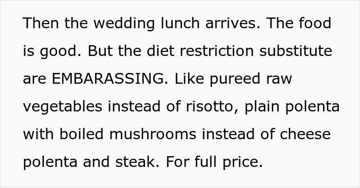 Text describing a wedding caterer's embarrassing dish substitutions after menu disagreement.